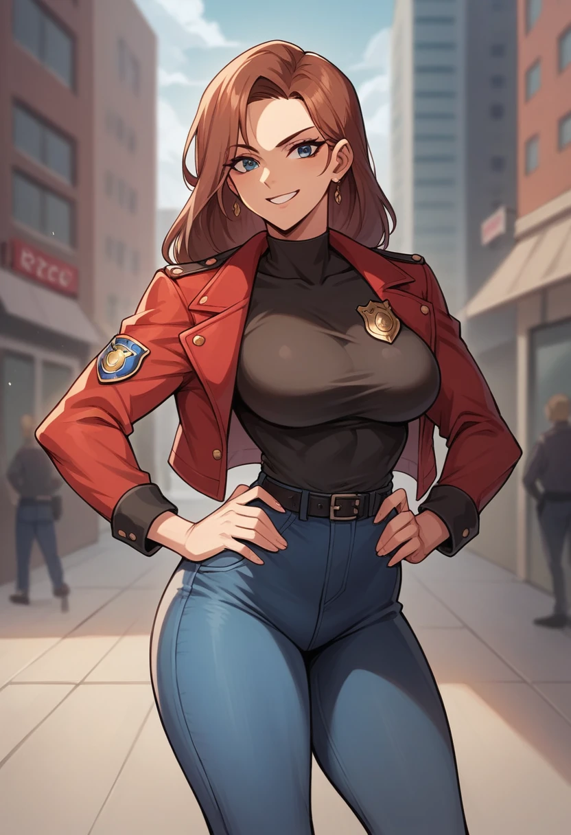 A close-up of a woman with a black long hair in a red jacket, black shirt under it, tight blue jeans, city background, tower; gun and police badge; smile, natural breast; hands on hips; thick thighs; blurry background; sharp focus; highly detailed; professional shot; the character Elisa, nightfall