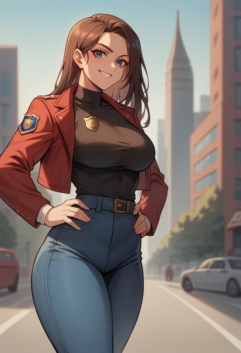 A close-up of a woman with a black long hair in a red jacket, black shirt under it, tight blue jeans, city background, tower; gun and police badge; smile, natural breast; hands on hips; thick thighs; blurry background; sharp focus; highly detailed; professional shot; the character Elisa, nightfall