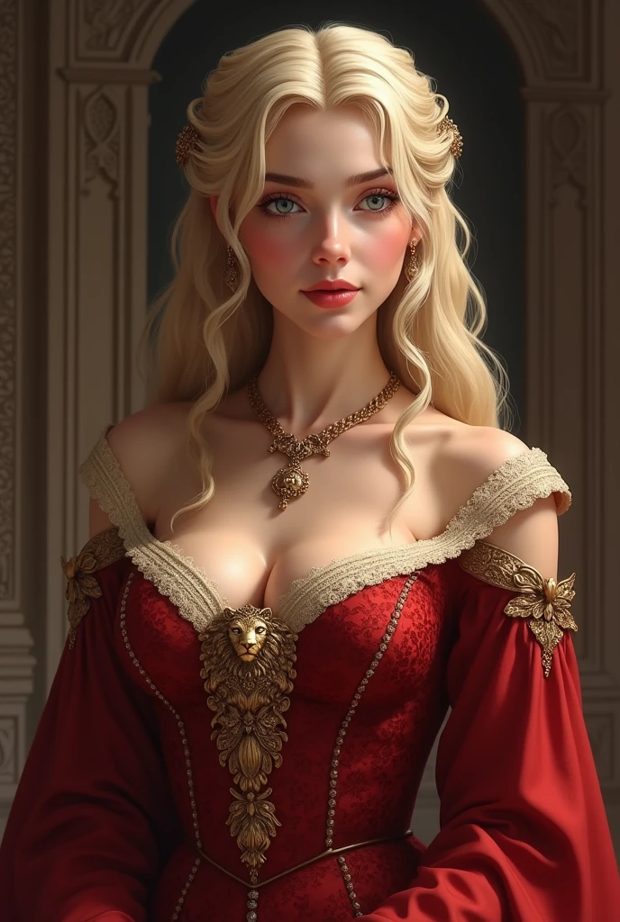 Create a young lannister woman, Blonde and blue-eyed with a big dress with a kind smile on her face that doesn't show her teeth and a beautiful red dress with a lion emblem