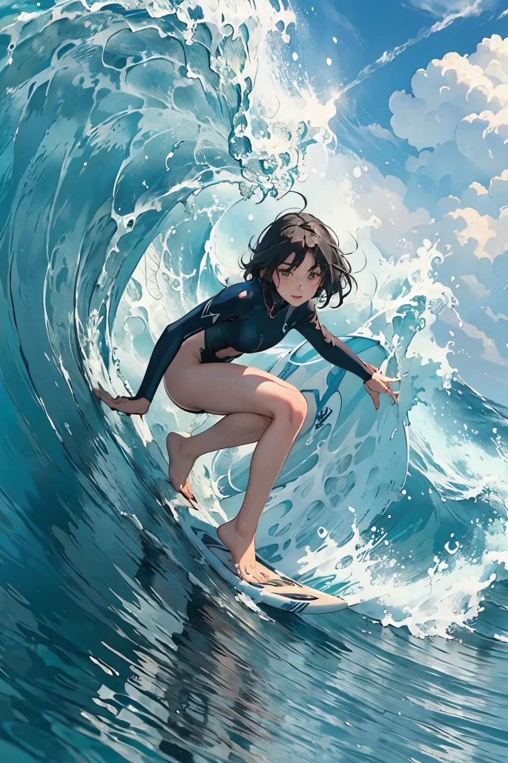 Female surfer riding a wave in the ocean early in the morning、Short Hair、Sexy Wetsuit、surfing、 (Riding a surfboard:1.2)、 big wave surfing、Tube Wave、The breaking waves、surfingの写真、Extreme Sports Photography、(Highest quality, masterpiece, High resolution)、8k、wallpaper