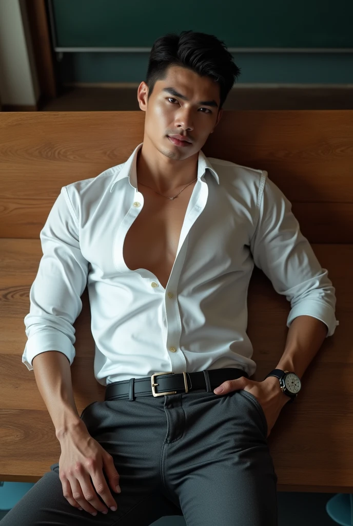 Asian man(korean,vietnamese,chinese,Japanese), 30 years old, Handsome and elegant,beardless, Wearing a  transparent shirt, sexy , Masculine and handsome，musculous，Muscles look good，hairy bodies, with fair skin,, Full body photo,(ultra-detailed, photorealistic, best quality, 4k, 8k, highres, masterpiece:1.3), charming  , (muscular build body), wearing tailored shiny  dress shirt, with the top button casually undone, perfectly fitted charcoal trousers, sweat, unbutton buttons shirt, lewd face ,tight chest, sex, erotic, horny,  Accessories include a luxury wristwatch in the Classroom‎,looking at viewer,muscle veins, sexy posing,lying on your back in classroom,top view,Wet shirt reveals muscles