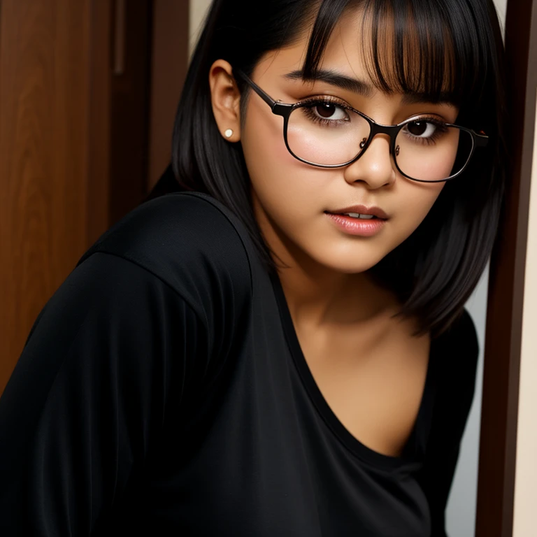 beautiful detailed, cute face, short, mexican teen, medium black hair, black hair over one eye, glasses, long-sleeved tucked in v neck T-shirt, long pants, solo, voluptuous breasts, full body photo,