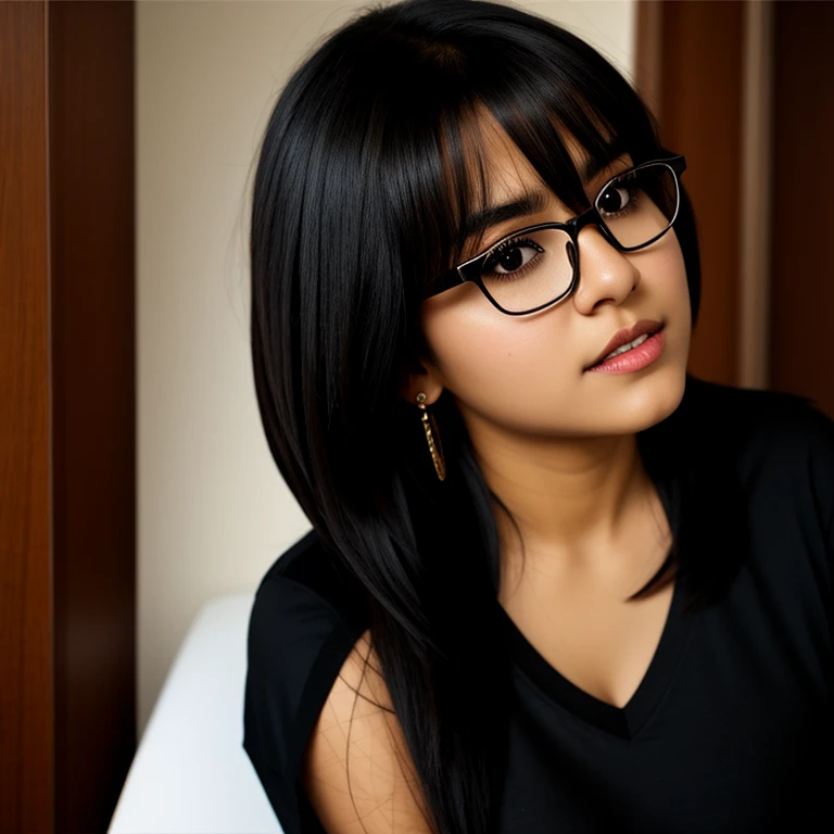 beautiful detailed, cute face, short, mexican teen, medium black hair, black hair over one eye, glasses, long-sleeved tucked in v neck T-shirt, long pants, solo, voluptuous breasts, full body photo,