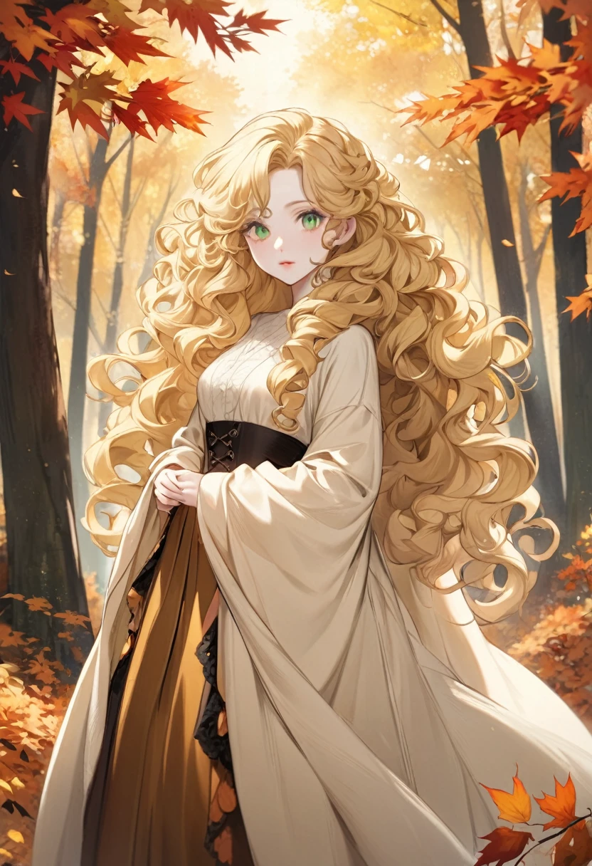 A woman with long blonde hair standing in a forest., curly blonde hair | long curly blonde hair, long curly fluffy blonde hair, long curly light blonde hair, beautiful green eyes beautiful blonde woman, curly blonde hair, curly blonde hair, Beautiful autumn spirit, Pale skin.