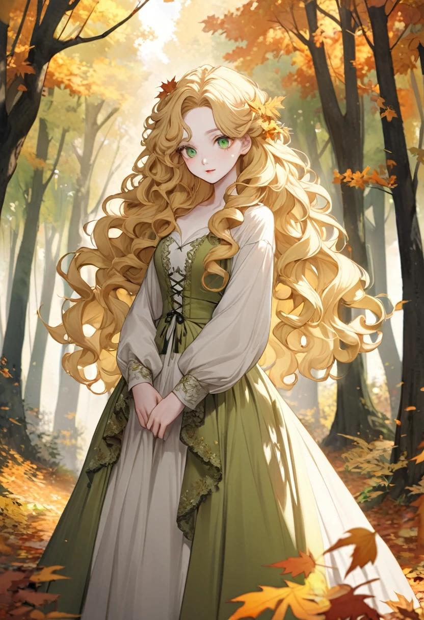 A woman with long blonde hair standing in a forest., curly blonde hair | long curly blonde hair, long curly fluffy blonde hair, long curly light blonde hair, beautiful green eyes beautiful blonde woman, curly blonde hair, curly blonde hair, Beautiful autumn spirit, Pale skin.