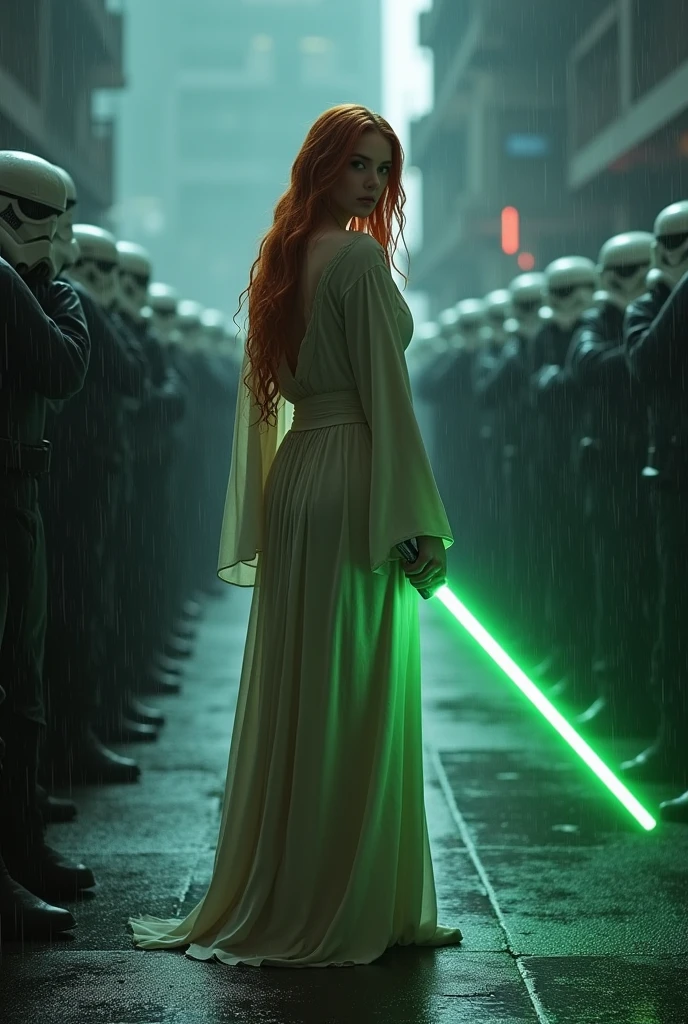 (full body shot:1) photorealistic image of a (standing pose:1) woman, ultrarealistic, photography, long red hair, woman, 24 years old, hourglass figure, perfect body, seductive look, natural medium breasts, blur background, in complete darkness, she is wearing a light jedi robe, she is holding a green lightsaber, the lightsaber is the only lightsource, on a dark destroyed space colony outside, it is raining, there is lightning in the background, she has her back to the camera, she is facing an army of stormtroopers, she looks into the camera, long sexy legs, wet clothes, wet hair