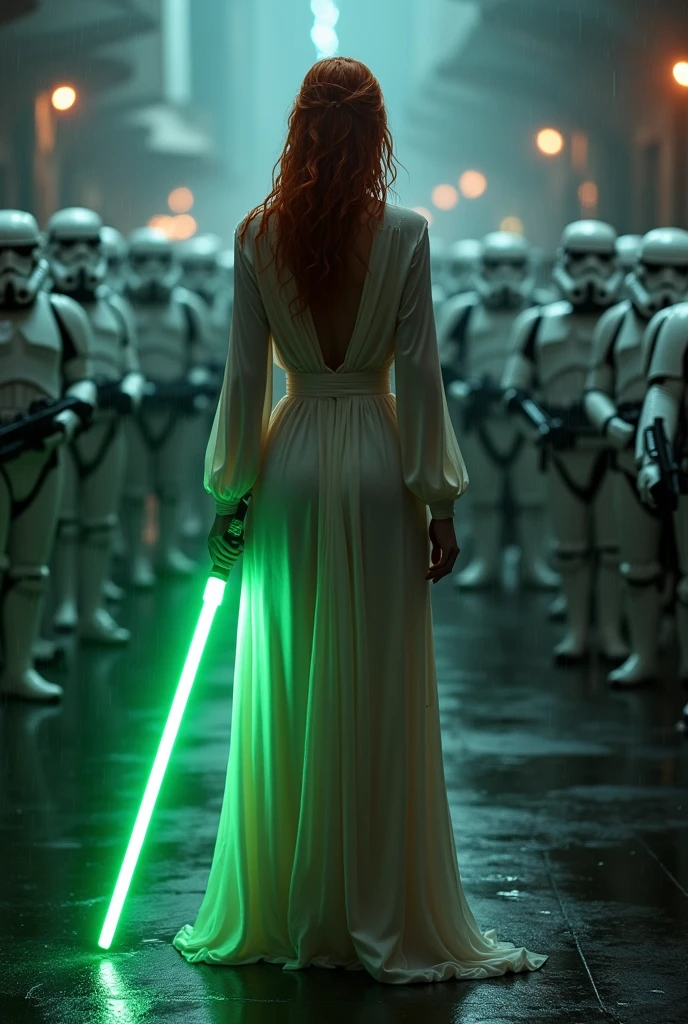 (full body shot:1) photorealistic image of a (standing pose:1) woman, ultrarealistic, photography, long red hair, woman, 24 years old, hourglass figure, perfect body, seductive look, natural medium breasts, blur background, in complete darkness, she is wearing a light jedi robe, she is holding a green lightsaber, the lightsaber is the only lightsource, on a dark destroyed space colony outside, it is raining, there is lightning in the background, she has her back to the camera, she is facing an army of stormtroopers, she looks into the camera, long sexy legs, wet clothes, wet hair