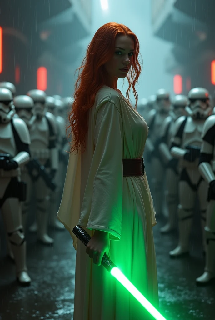 (full body shot:1) photorealistic image of a (standing pose:1) woman, ultrarealistic, photography, long red hair, woman, 24 years old, hourglass figure, perfect body, seductive look, natural medium breasts, blur background, in complete darkness, she is wearing a light jedi robe, she is holding a green lightsaber, the lightsaber is the only lightsource, on a dark destroyed space colony outside, it is raining, there is lightning in the background, she has her back to the camera, she is facing an army of stormtroopers, she looks into the camera, long sexy legs, wet clothes, wet hair