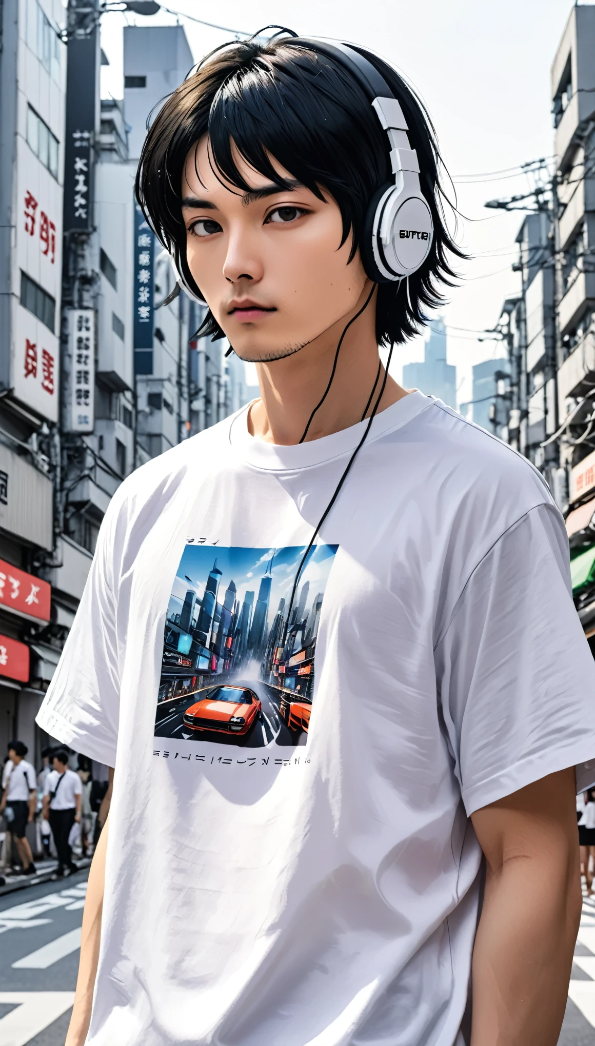 White T-shirt、male、24-years-old、background、Japanese、Black Hair、Bobcut、Upper Body、Close-up of face、Headphones、Future City。