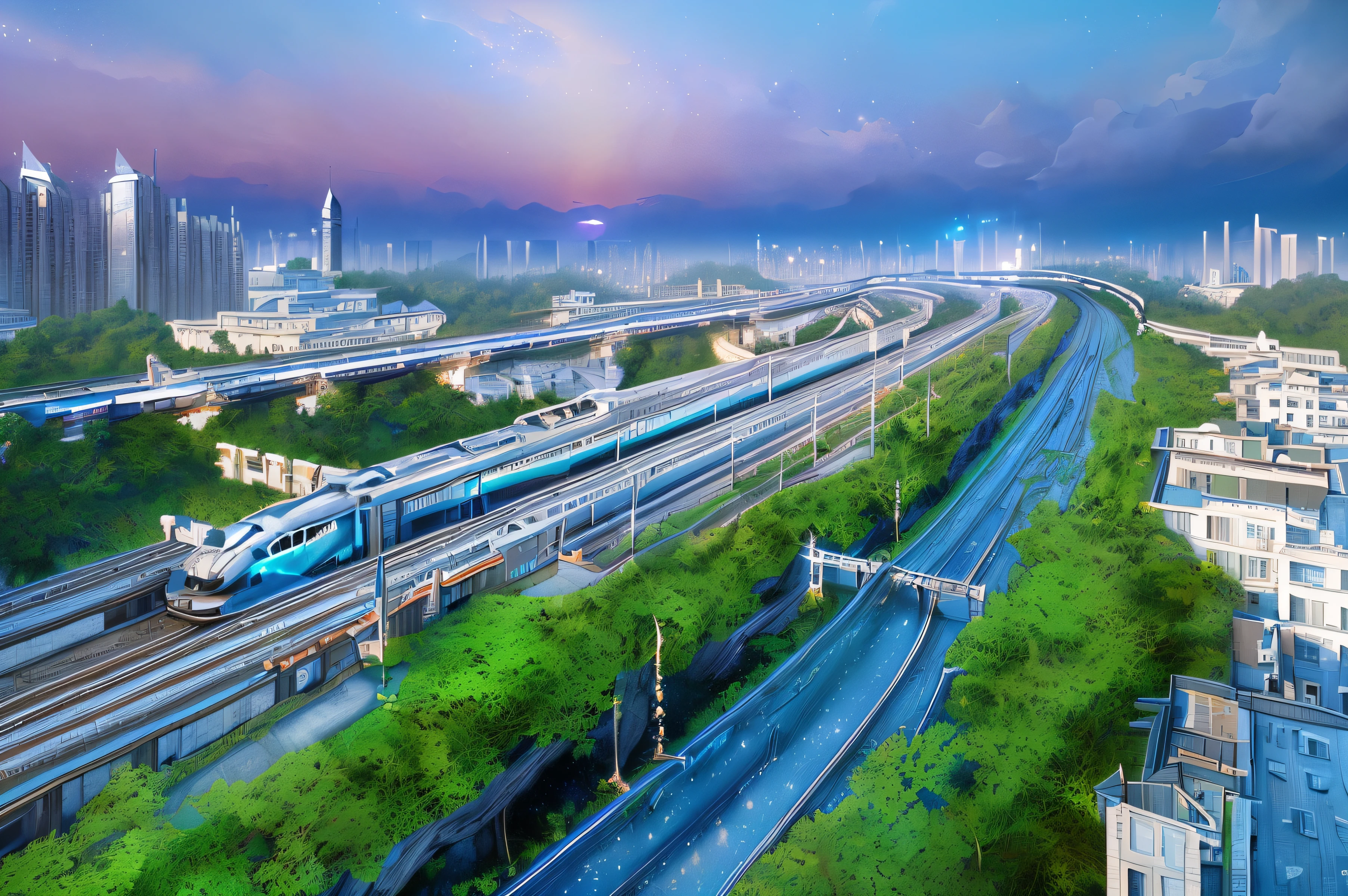 masterpiece, best quality, (extremely detailed CG unity 8k wallpaper), (best quality), (best illustration), (best shadow), absurdres, realistic lighting, (Abyss), beautiful detailed glow, art by PeterMohrBacher,Chinese high-speed trains，Sunset sky