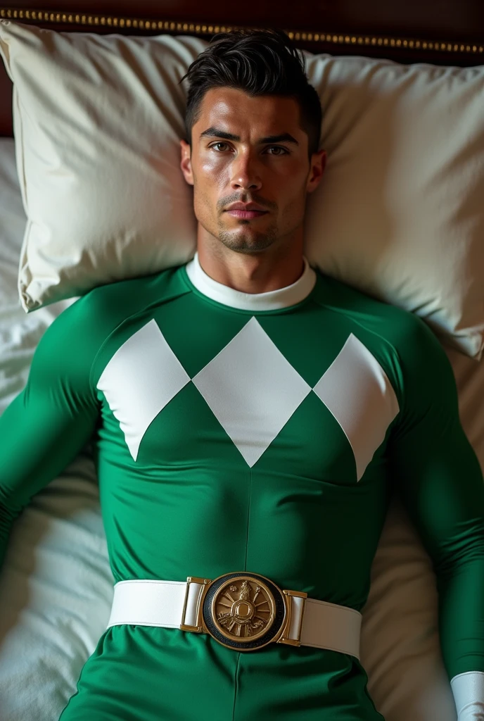 Crustiano Ronaldo traje del green ranger mighty morphin(without helmet) , lying on a bed, looking to the camera