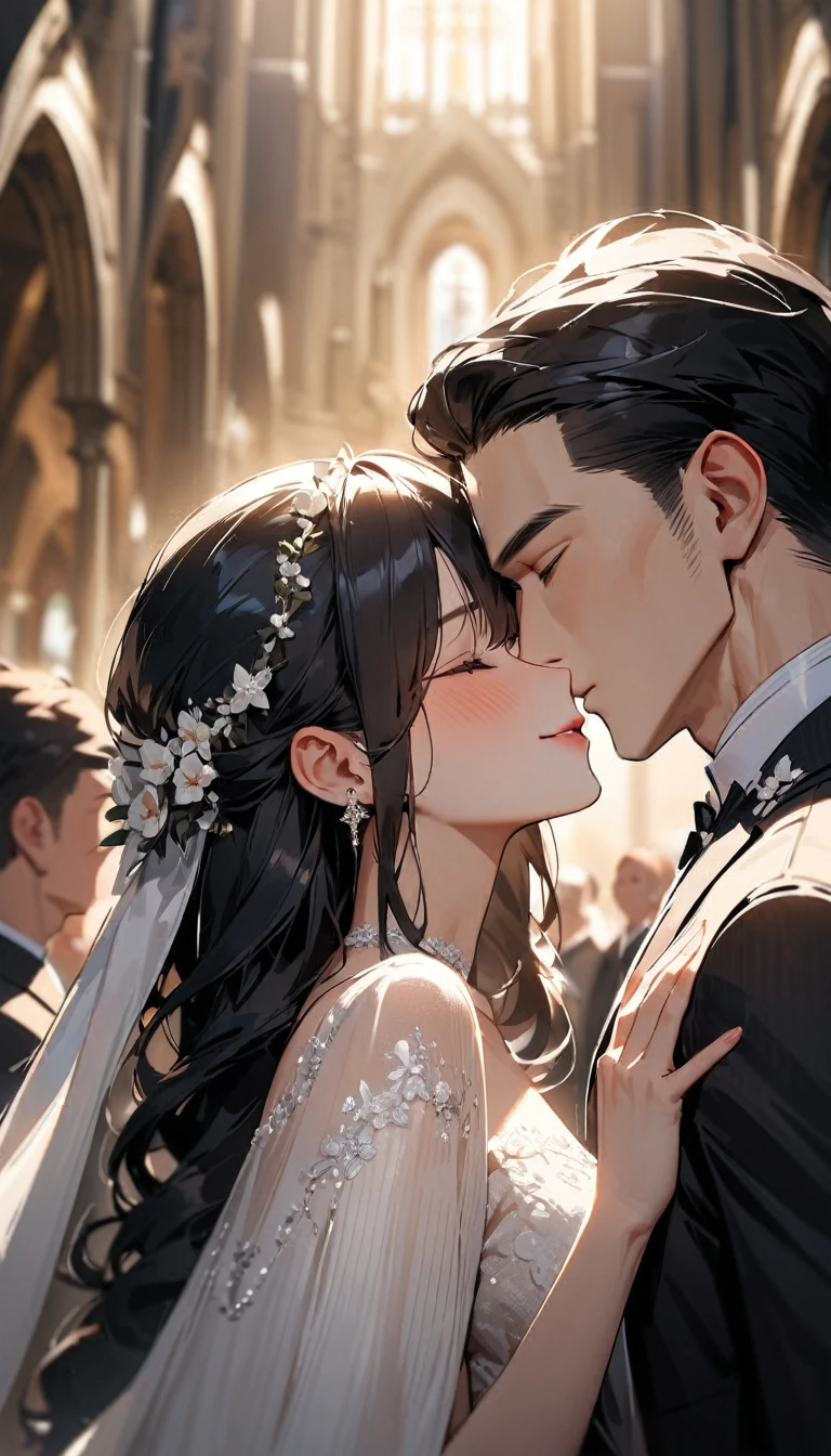 masterpiece, textured skin, high details, award winning, best quality, highres, 4K, (((head shot))),Beautiful groom and bride,groom in black hair, tall. Handsome,close eyes, bride in white hair, cute, close eyes, Lined up next to each other,kiss eash others,wedding,People who bless those around,Inside the church,Happy atmosphere,Blurred background