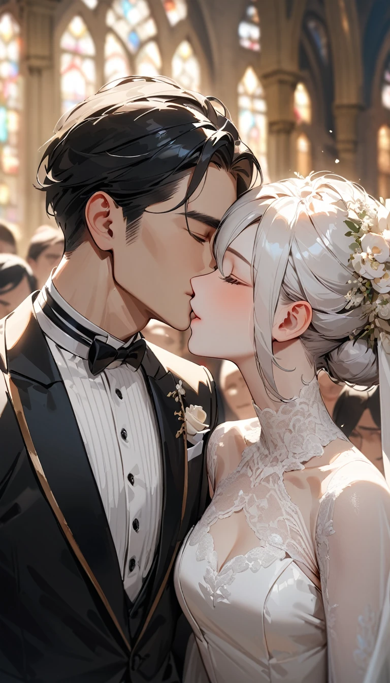 masterpiece, textured skin, high details, award winning, best quality, highres, 4K, (((head shot))),Beautiful groom and bride,groom in black hair, tall. Handsome,close eyes, bride in white hair, cute, close eyes, Lined up next to each other,kiss eash others,wedding,People who bless those around,Inside the church,Happy atmosphere,Blurred background