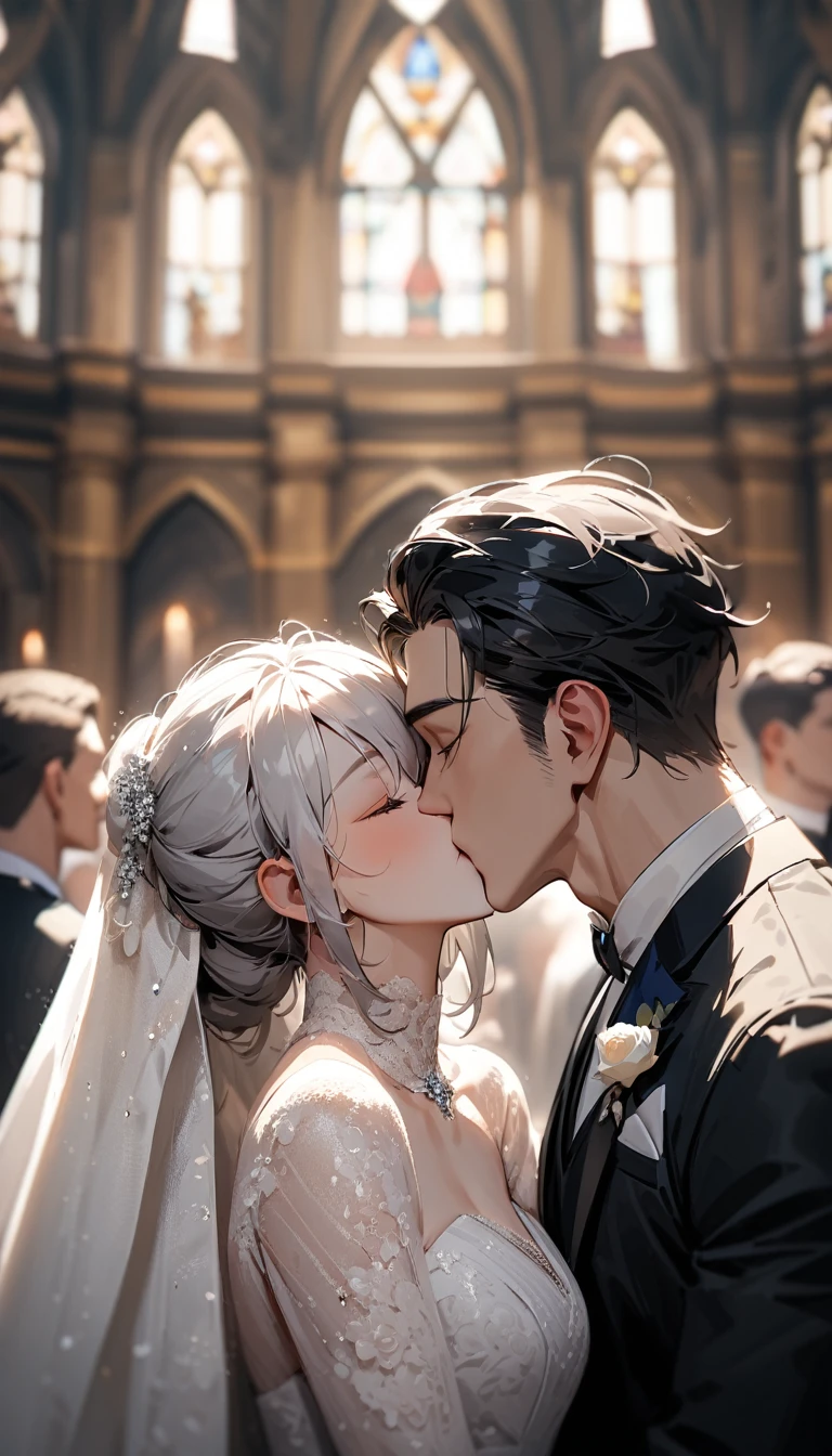 masterpiece, textured skin, high details, award winning, best quality, highres, 4K, (((head shot))),Beautiful groom and bride,groom in black hair, tall. Handsome,close eyes, bride in white hair, cute, close eyes, Lined up next to each other,kiss eash others,wedding,People who bless those around,Inside the church,Happy atmosphere,Blurred background
