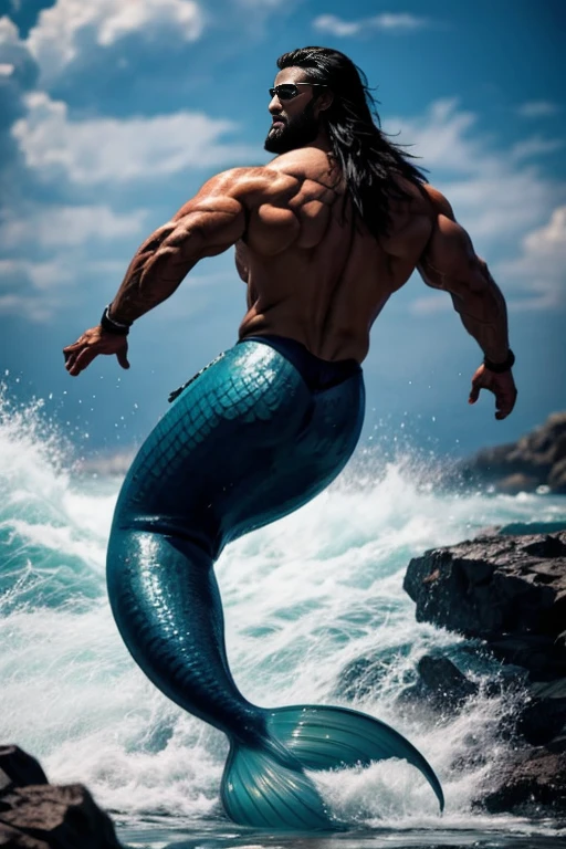 Muscle male mermaid, merman, muscles, male bodybuilder, blue mermaid tails, black long beard, black long hair, laying on rock, lie, back, ass, high water wave, water twister, rocks, wallpaper 