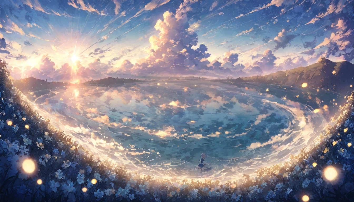 blue sky, White clouds floating in the distance, Standing on a sea of flowers, holding a fairy wand、There are fireflies flying around. The background is filled with cloud flowers of all sizes., Creates a dreamy, dreamy atmosphere with blue tones. High-definition anime style, High resolution. Panoramic view from above, Capturing the vastness of nature. Soft lighting creates a warm atmosphere. yellow