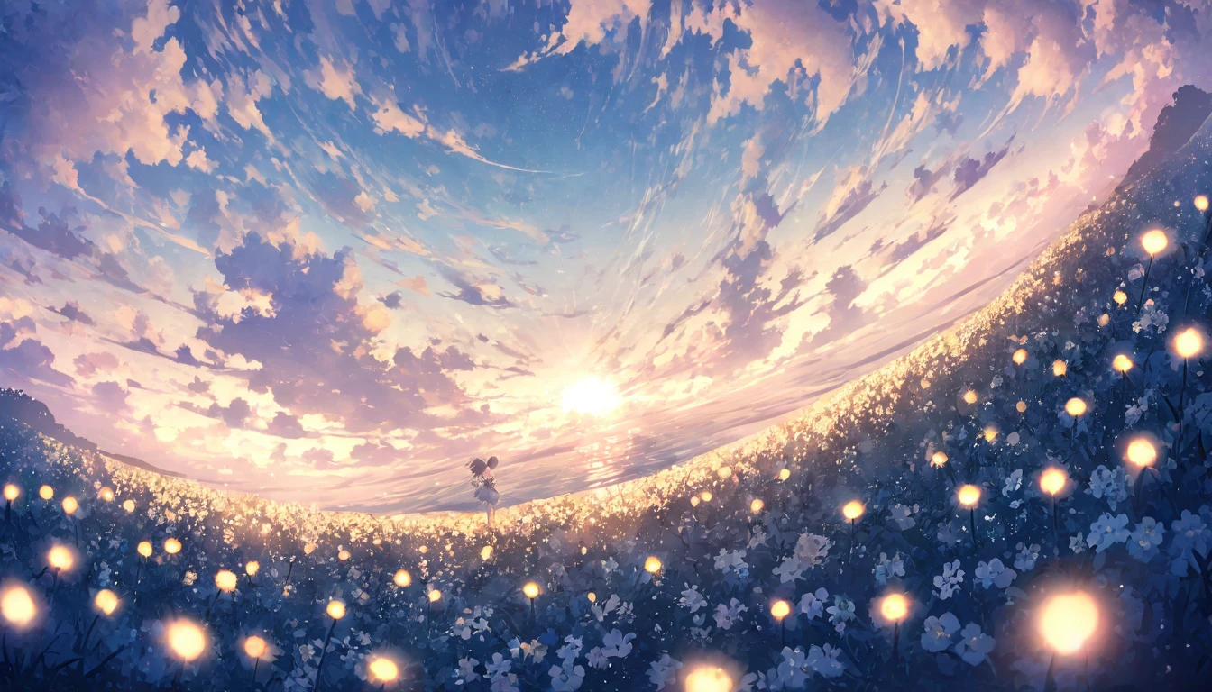 blue sky, White clouds floating in the distance, Standing on a sea of flowers, holding a fairy wand、There are fireflies flying around. The background is filled with cloud flowers of all sizes., Creates a dreamy, dreamy atmosphere with blue tones. High-definition anime style, High resolution. Panoramic view from above, Capturing the vastness of nature. Soft lighting creates a warm atmosphere. yellow