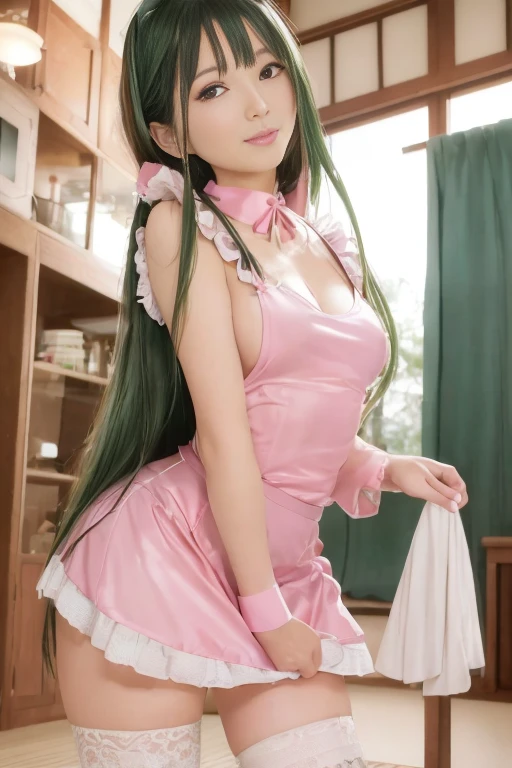 One Girl, (((45 years old Japanese mature maid 1.5))), alone, ((long dark green hair 1.4)), ((Sweaty 1.5)),((Shiny skin 1.4))，((Thighs)),  Adult sex appeal, ((Pink miniskirt maid outfit 1.5))，((Knee-high socks 1.4)),whole body, bangs, Realistic,((Small Breasts 1.2)),  4K, Highest quality, Slender beauty, Extremely clear images, 8k, Beautiful pose, Photo session、((Cute pink maid outfit))、smile、Straight hair,((Night Pool Background))