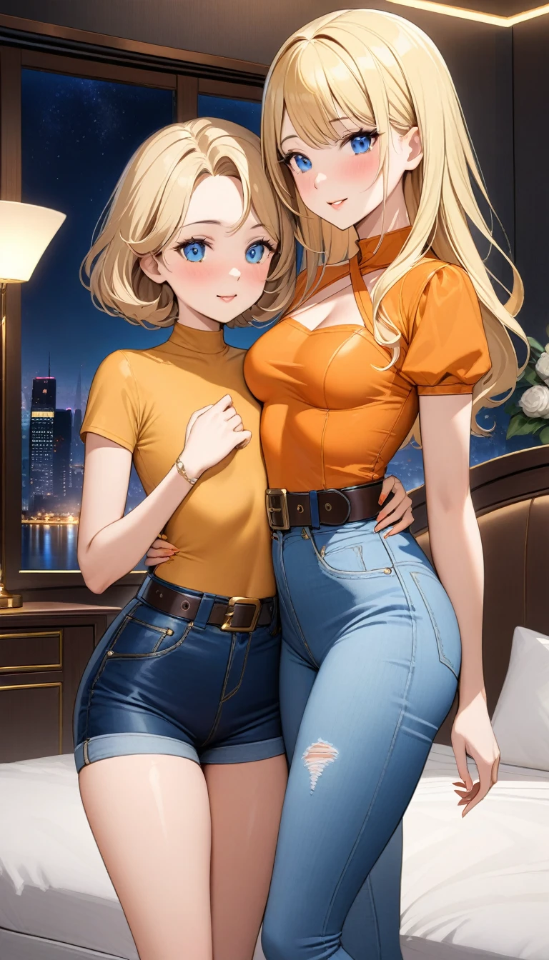 Two beautiful ladies ((lady 1: 35y old mom, with short straight blonde hair, lady 1 with blue eyes and caucasian skin, lady 1 wearing Tight Jeans and Leather Belt, lady 1 Sexy Criss Cross Mock Neck Short Sleeves Orange Blouse)), ((lady 2: 13y old daughter, with short straight blonde hair, lady 2 with blue eyes and caucasian skin, lady 2 wearing Tight Jean Shorts and Leather Belt, lady 2 Sexy Criss Cross Mock Neck Short Sleeves Green Blouse)), luxurious jewelry, 18k gold wedding ring on left hand, standing in their bedroom at night, hugging and kissing each other, (light brown lipstick), (elegant mascara), (slim body), (small breasts), (wide hips), endjourney, <lora:GoodHands-, <lora:GoodLegs-, UHD, high resolution, (expressive eyes, perfect face, full body, expressive face, perfect body, perfect pussy, athletic, fit, slim body, blushing, Perfect makeup, eyeliner, beautiful eyelashes, smiling, horny face), ((best illumination, best shadows)), ((sexy pose)), ((Front pov:1.1))