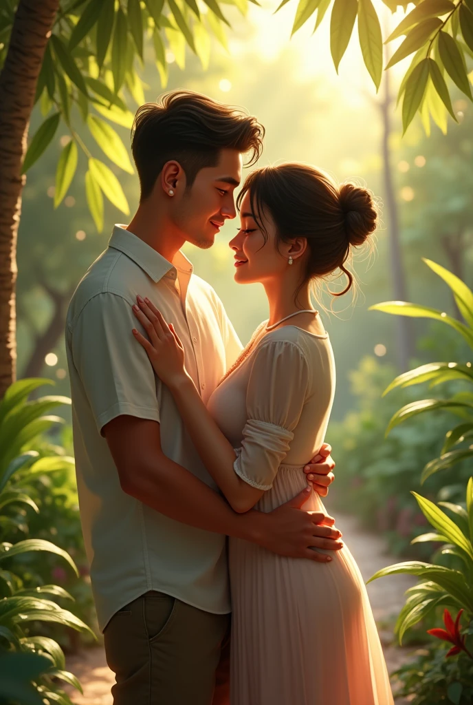 young man, who is dating a beautiful middle-aged woman with a chubby body posture, sitting together hugging each other, background taman,