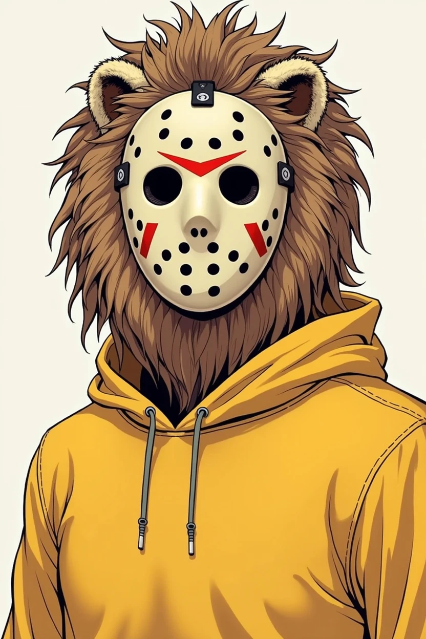 ＃ To meet the following conditions、Create an image of a person wearing a hockey mask（Jason Musk）The figure has a majestic lion headpiece on his head.、Furthermore, a chinchilla is covered on top of it.。
- The illustration should be in a manga style. - The person is wearing a yellow hoodie.
