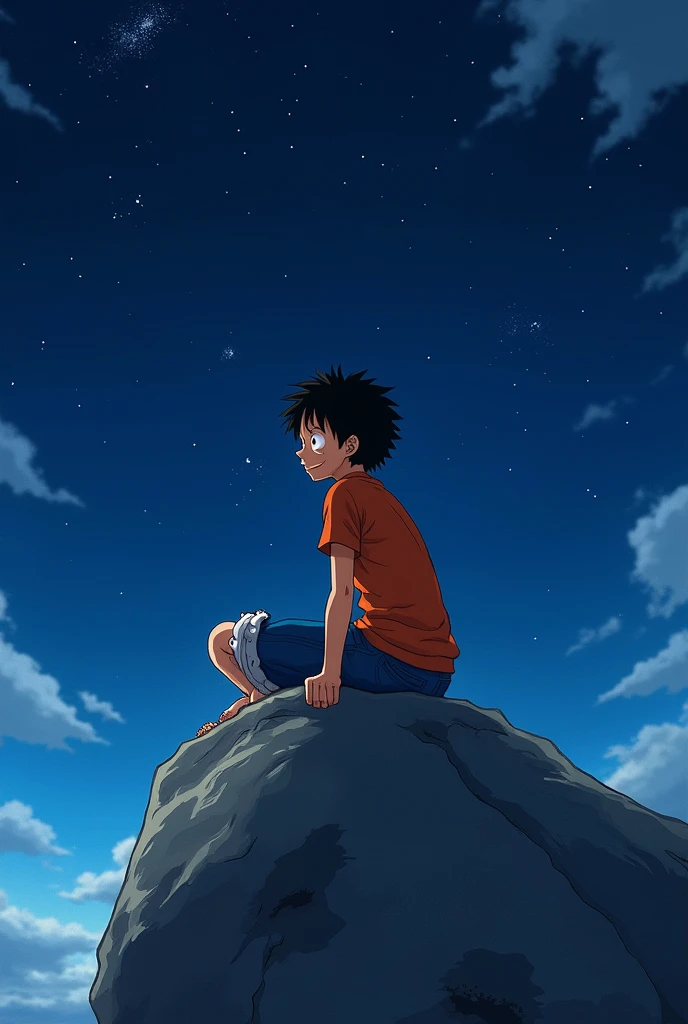 Monkey D Luffy Wano, On top of a big stone, Orange clothes, Night sky and starry sky, Bright stars in the sky,
