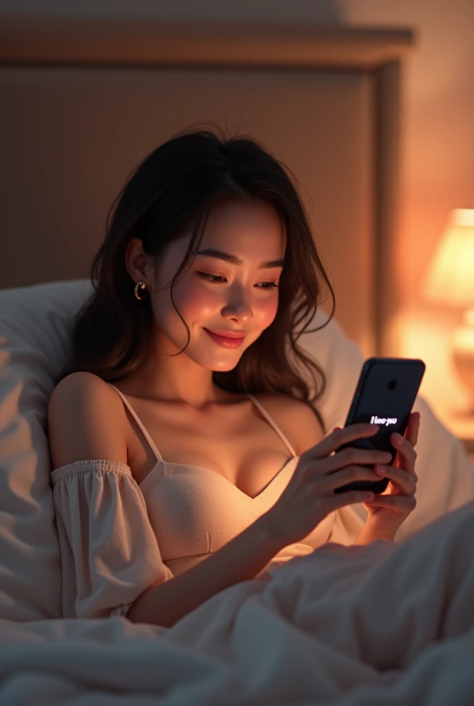 A beautiful girl lying on the bed pressing phone smiling and a text from her boyfriend called ademi❤️ telling her I love you on the