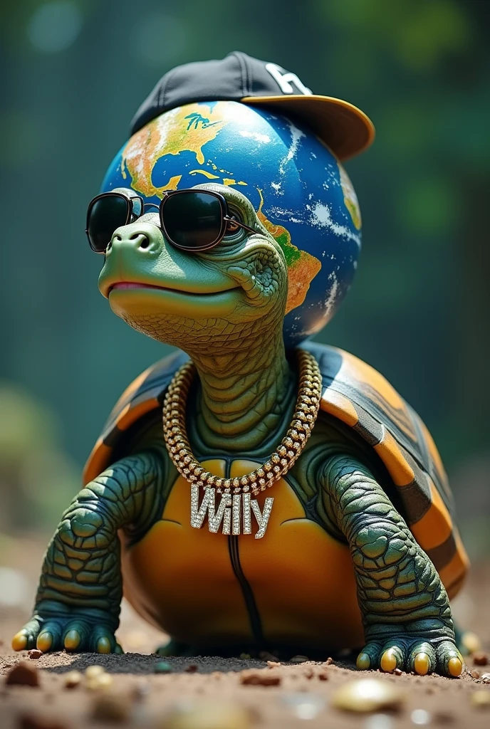 Create an image of a turtle named Willy which (Willy must wear a gold necklace with his name in large letters and with diamonds and a hip hop cap with dark sunglasses )