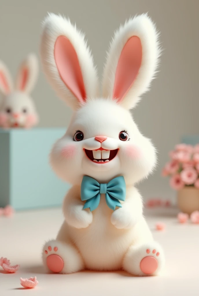 Rabbit plush with two teeth out and a blue bow