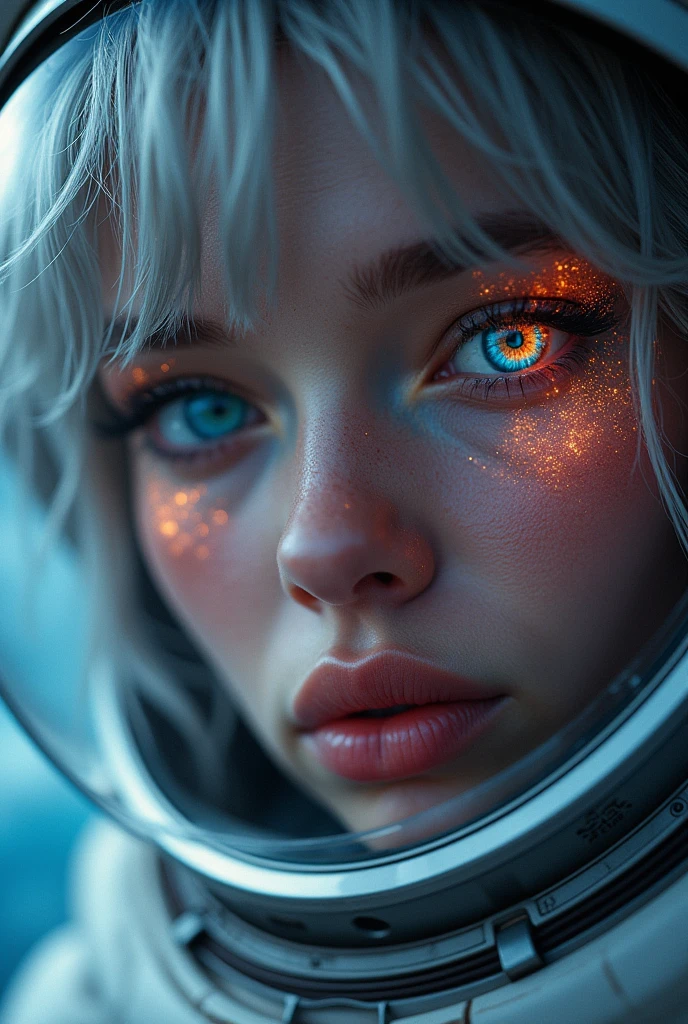 (Close-up of a better masterpiece:1.5)0.9], (Space and astronauts:1.2) (Messy silver hair:1.1) (Heterochromia xanthochromia and blue eyes:1.2) (Space Helmet:1.0) (Colored stars in the eyes:1.0) (A radiant glow:1.1) (thick lips:0.9)