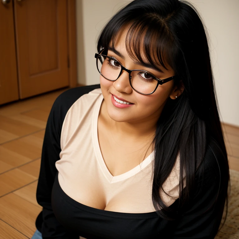 beautiful detailed, cute face, short, mexican , medium black hair, black hair over one eye, glasses, long-sleeved tucked in v neck T-shirt, long pants, solo, voluptuous breasts, full body photo,