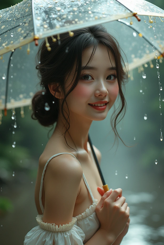 A beautiful women in rain with umbrella , smiley face, catching rain drops 