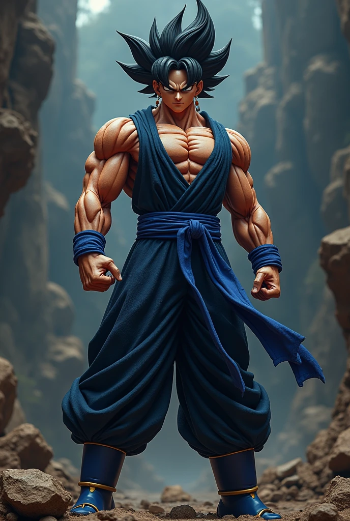 (photorealism:1.2), vegito,potara,goku and vegeta fusion,fusion potara earring,tall,sayian,muscular,dark warrior king clothes,fancy vest suit,dragonball super,dark,dominant