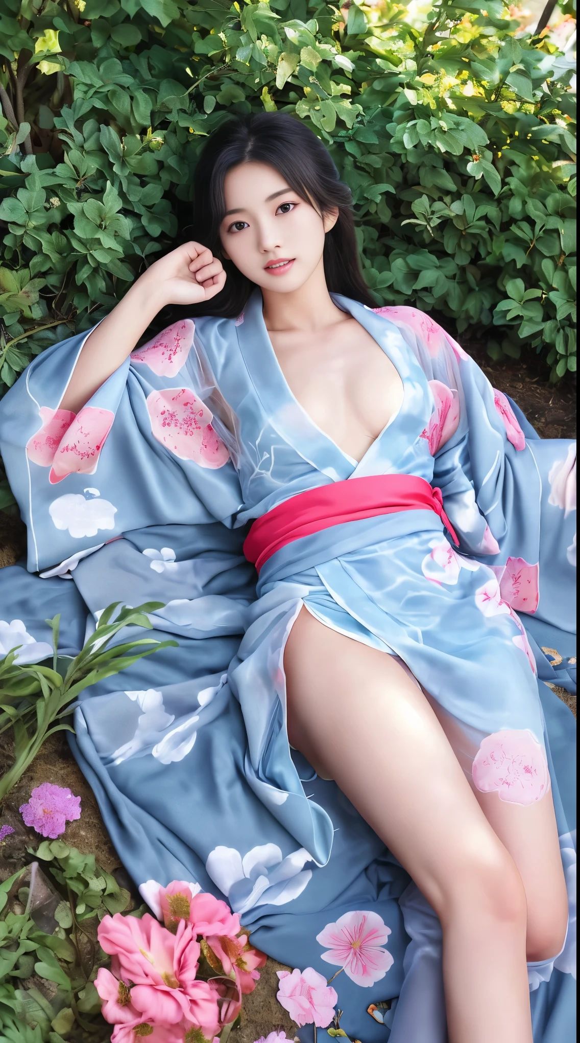 最high quality、high quality、Best image quality、8k、最High resolution、High resolution、最high quality、masterpiece、RAW Photos、whole body写真、Detailed and realistic human body、Detailed and realistic skin、Realistic face in every detail、Detailed and realistic eyes、Detailed and realistic lips、Detailed and realistic teeth、Detailed and realistic ears、Detailed and realistic hair、Realistic reproduction of every detail、((Beautiful Hands(Thumb 1、reference4))、Realistic feet down to the last detail、Realistic breasts down to the last detail、Realistic areola down to the last detail、Realistic nipples down to the last detail、Realistic pussy down to the last detail、Realistic vagina down to the last detail、Detailed and realistic clitoris、Realistic anus down to the last detail、((Beautiful Japanese Girl))、(Japanese Model)、((Beautiful 12 year old girl))、((Elementary school girl))、(Black Hair)、(Straight hair)、((whole body))、((immature body shape))、((Small breasts、Flat Chest))、(whole body光沢肌、Fair skin)、Mini Kimono、Mini Yukata、Japanese tradition、Japanese garden、((Colorful floral pattern(See-through kimono、see-through yukata))、((lying in the garden(Poses that make your thighs look sexy))