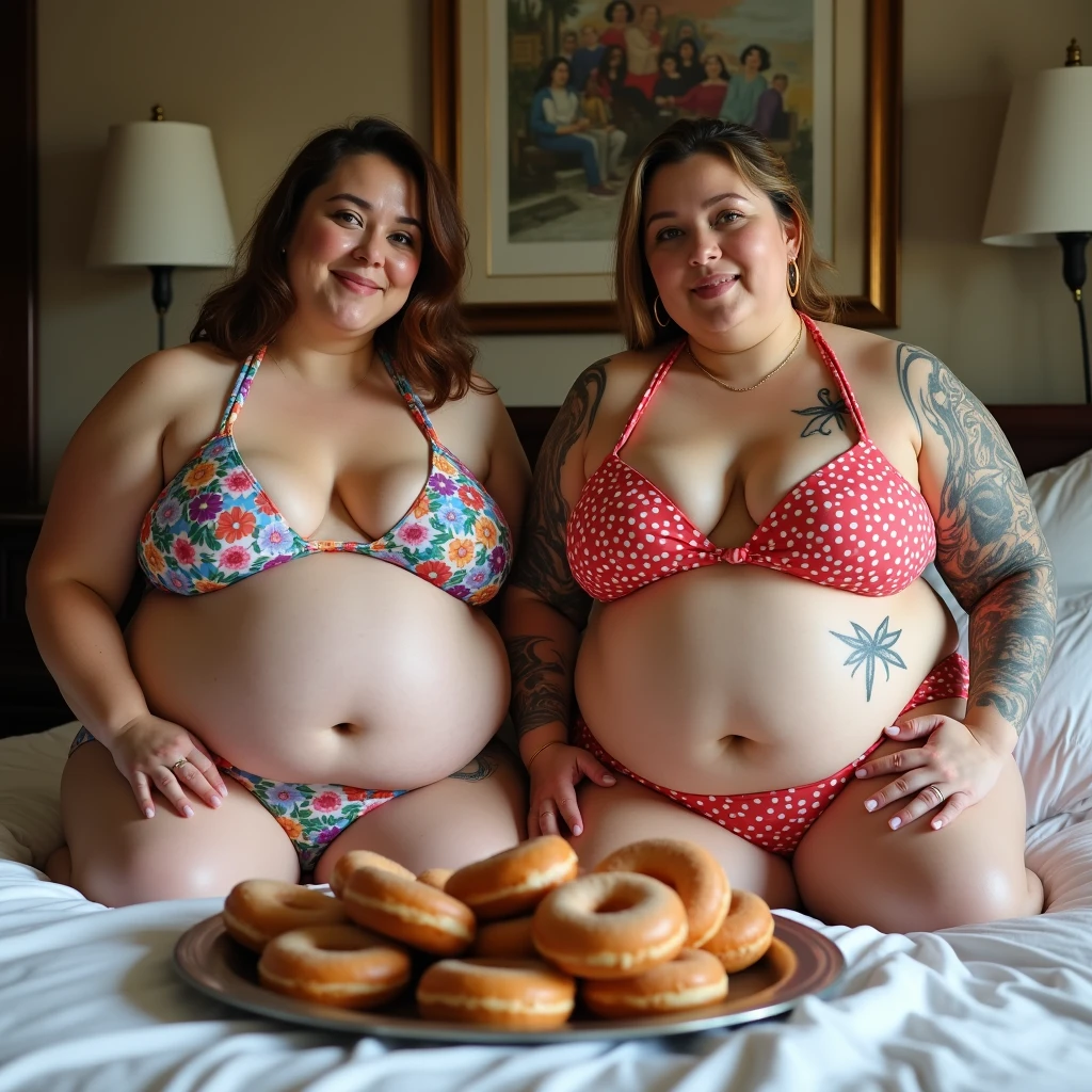 The two women are obese and overweight, weighing 300kg, with plenty of belly fat, they have beautiful faces, they are wearing colorful swimsuits that look like they are bursting at the seams, and they have big bellies, they are obese American female sumo wrestlers with very large bellies, they have eaten too much and their bellies are bloated and covered with a lot of fat, they have nicely saggy bellies and tattoos around their navels, they are eating lots of donuts in bed in a mansion, 4K quality, low angle