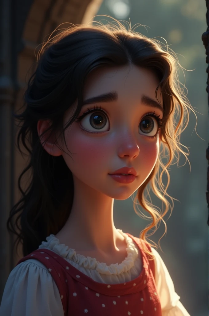 Create a close-up portrait of Princess Alice in The Tale of Snow White to capture a moment of deep contemplation. Her expression should be a mixture of curiosity and a hint of unease, as if she is deeply questioning reality and her place in it. Her large eyes should be wide open, reflecting the surreal world around her. Such as the dwarf in Snow White. The lighting should be soft yet dramatic, casting gentle shadows that emphasise the depth of her thoughts. Her hair is slightly dishevelled, as if she has been on a long journey, adding to the sense that she is pensive. The colour palette is a mix of soft pastels and dark, introspective tones, creating a balance between innocence and the complexity of her thoughtsExcellent HD 8K Snow White art cartoon princess, scenery inside a castle