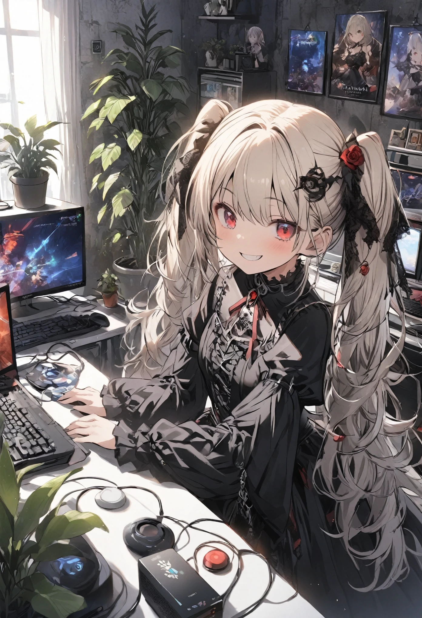 Platinum Blonde Hair、Red eyes、Tidy twin tails、Happy face、Rose hair ornament、Gothic Costume、One Girl、In a room with many potted plants、Thick eyebrows、Gaming PC