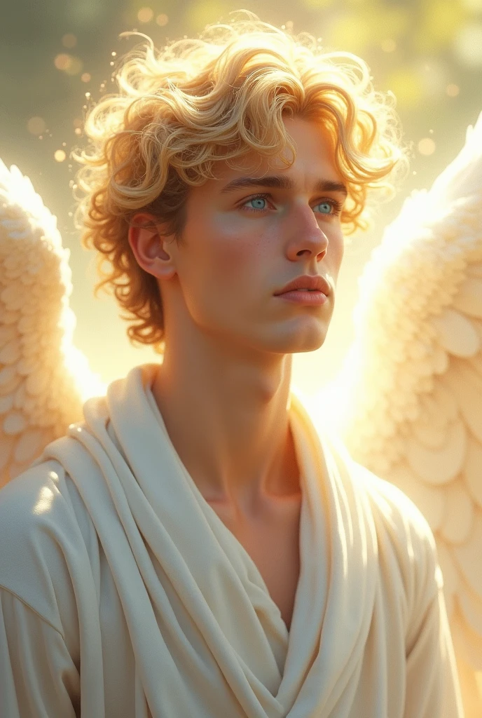 18 year old man, White skin, with blonde curly hair, Blue-eyed, with a white robe and a golden aura on his head.