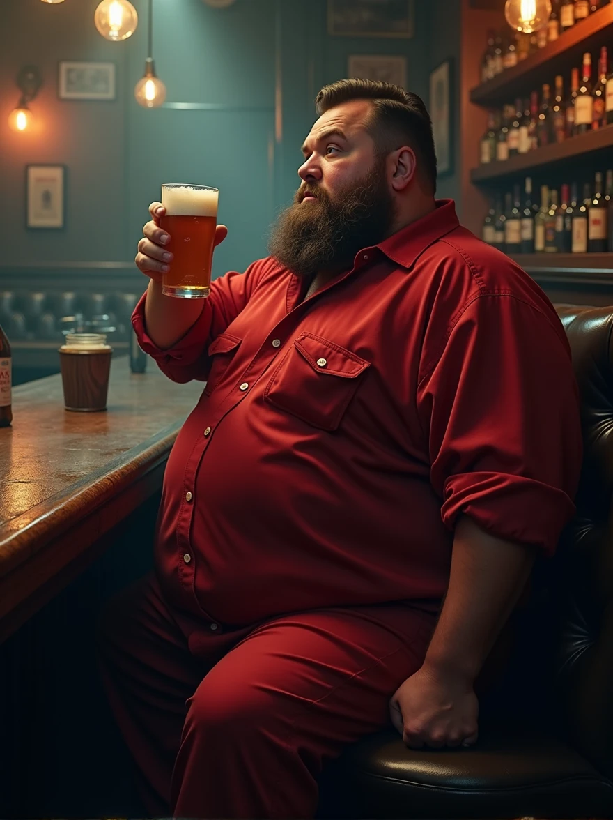 Make a man with obesity, This man must be wearing red clothes ,he must be inside a bar ,he is drinking beer ,photo ultra realistic ,8 k quality,fullHD