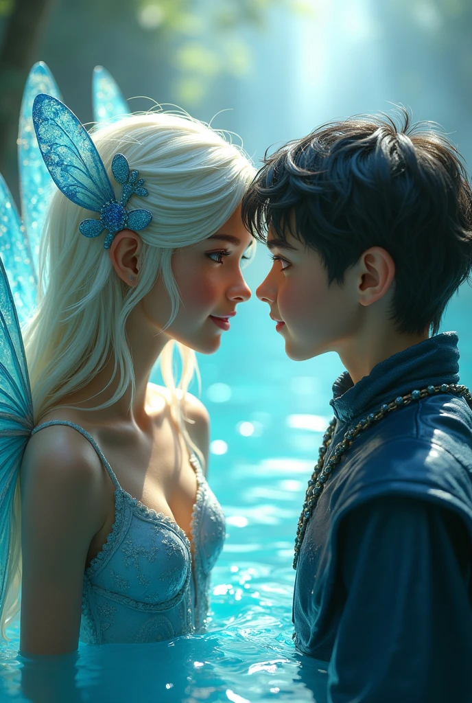 a water fairy, playful and friendly personality, with wings and a staff who is looking face to face at a young, magical male sorcerer. with strong personality and calm, united to the element of water.