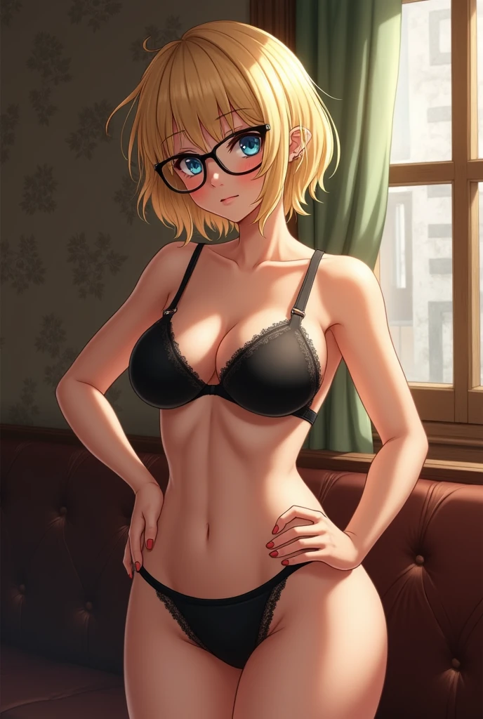 ((masterpiece)), perfect anatomy, perfect shading, depth field, (Best Quality), extremely delicate and beautiful, perfect lighting, Detailed face, rostro ultra Beautiful, Beautiful, (cowboy shot 1.2), Whole body, (((1 girl))), ((Alone)), looking at the viewer, short hair, fluffy hair, blond hair, blue eyes, Glasses, ((blush)), shy, highly strung (black lingerie extra small bra, medium breasts, ((Wide hips)), (((thick thighs))), ((curvilinear)), café, intricate background, detailed background, left hand on hip, and right hand on the right breast on the right breast