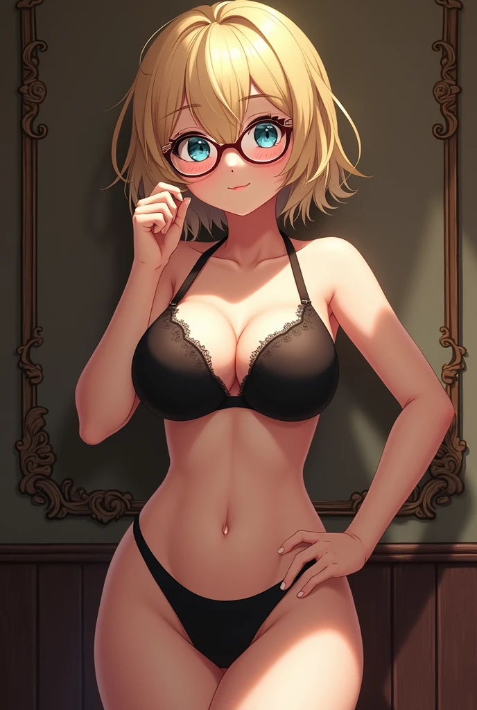 ((masterpiece)), perfect anatomy, perfect shading, depth field, (Best Quality), extremely delicate and beautiful, perfect lighting, Detailed face, rostro ultra Beautiful, Beautiful, (cowboy shot 1.2), Whole body, (((1 girl))), ((Alone)), looking at the viewer, short hair, fluffy hair, blond hair, blue eyes, Glasses, ((blush)), shy, highly strung (black lingerie extra small bra, medium breasts, ((Wide hips)), (((thick thighs))), ((curvilinear)), café, intricate background, detailed background, left hand on hip, and right hand on the right breast on the right breast