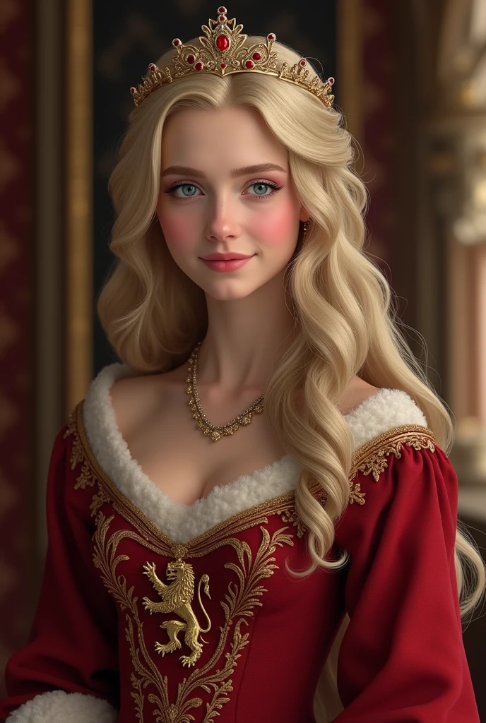 Create a young lannister woman, Blonde and blue-eyed with a big dress with a kind smile on her face that doesn&#39;t show her teeth and a beautiful red dress with a lion emblem and a small tiara on her head with a lion emblem and rubies 