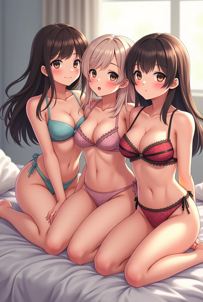 three women in bikini kneeling in the bed with big tits and huge ass, excited face, anime style