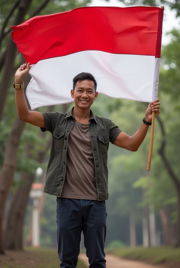 24 year young man,korean face,holding the Indonesian red and white flag