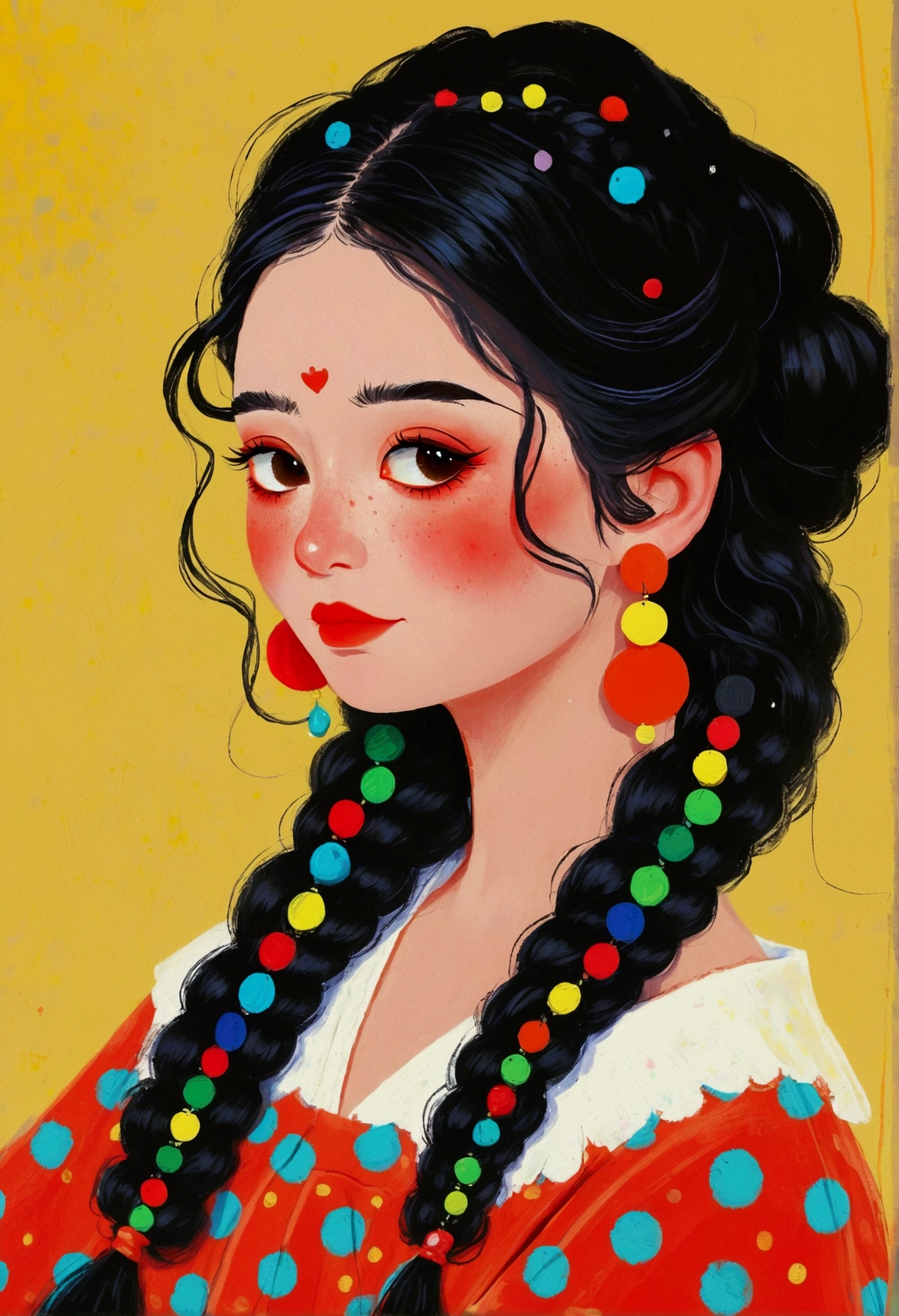 Woman in a painting,Has long black hair,Wearing red polka dot earrings, Digital painting by Bencho Obreshkov, cg Social Hotspot, Pop Art, Digital illustration style, Digital Cartoon Painting Art, cartoon style illustration, Disney animation style, hand painted Cartoon art style, Cartoon Numbers, Black braids, Cartoon art style