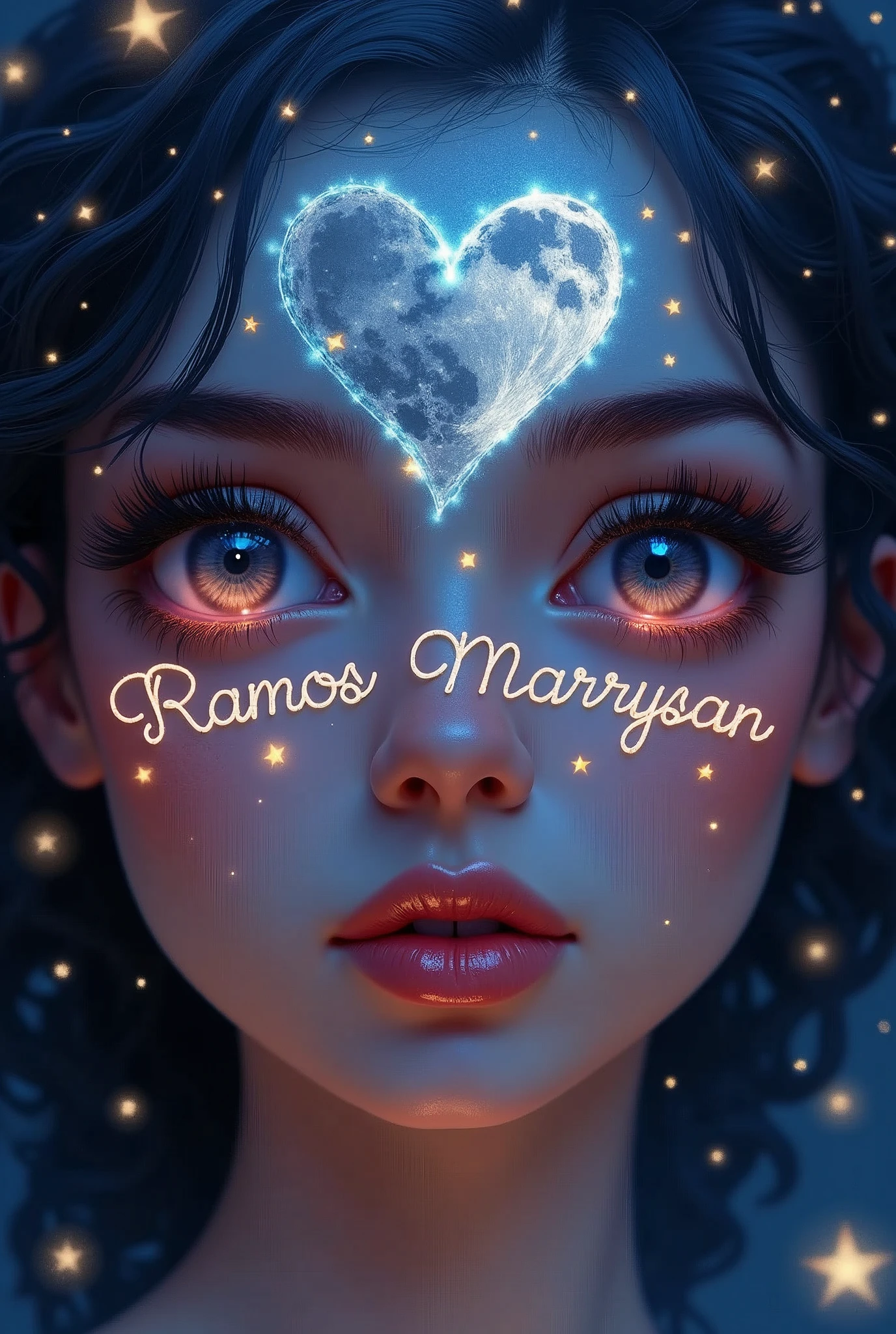 A beautiful night sky, stars forming the intertwined names of Ramos and Marrysan, moon surrounded by hearts, beautiful detailed eyes, beautiful detailed lips, extremely detailed eyes and face, long eyelashes, romantic, dreamy, ethereal, (best quality,4k,8k,highres,masterpiece:1.2),ultra-detailed,(realistic,photorealistic,photo-realistic:1.37),cinematic lighting,vibrant colors,dramatic chiaroscuro,detailed night sky,glowing moon,sparkling stars,hearts,intricate typography,fantasy,magical realism