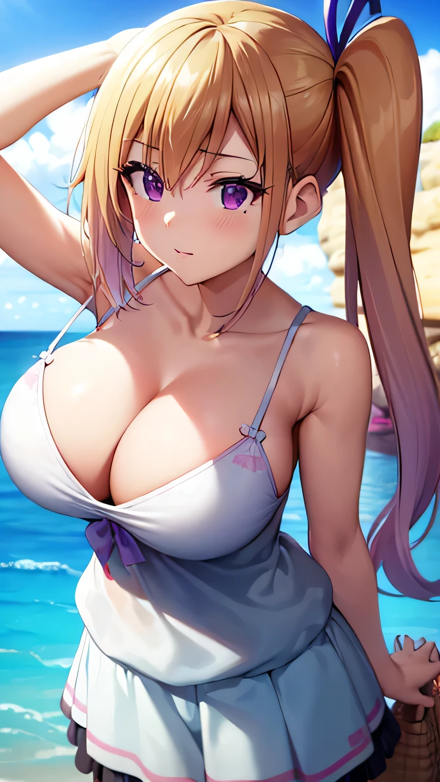 Perfect composition,masterpiece, (Highest quality), Adult women, bionde, Hair length, Side Ponytail, Purple eyes,sweater, pajamas,skirt,Huge Cleavage,Sexy woman, Embarrassing,blush, Bright colors,,Natural soft light,RTTX 10.0, (Detailed face:1.2), Showcase, (Perfect Eyes:1.1) ,(Photorealistic:1.1), 8k Ultra HD, Look at the viewers, Seaside, beach, Simple Background,(Cleavage:1.4),Tremendously large bust,Huge bust,(throw,Close-up shot:1.2),From the top of the head to the waist,