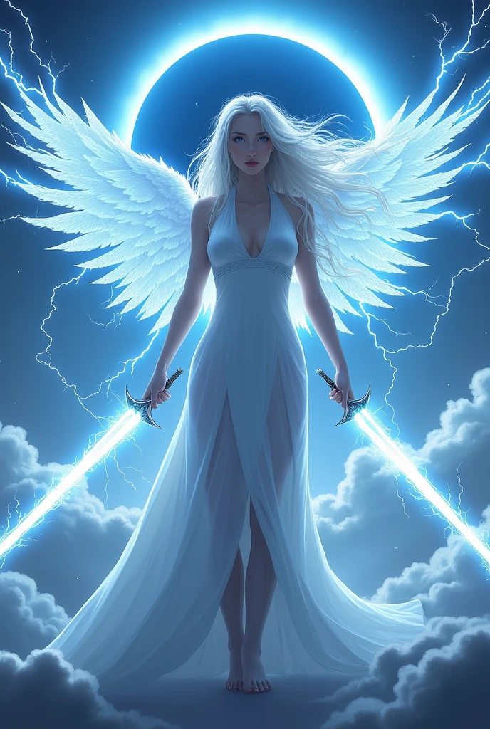 angelic female eternal warrior with a lot of white, she wields 2 daggers consumed by white lighting, her wings consist of blue lightning and in the background there is a blue solar ecplise above the clouds, she has long hair and is rdy to battle and also insanely overpowered