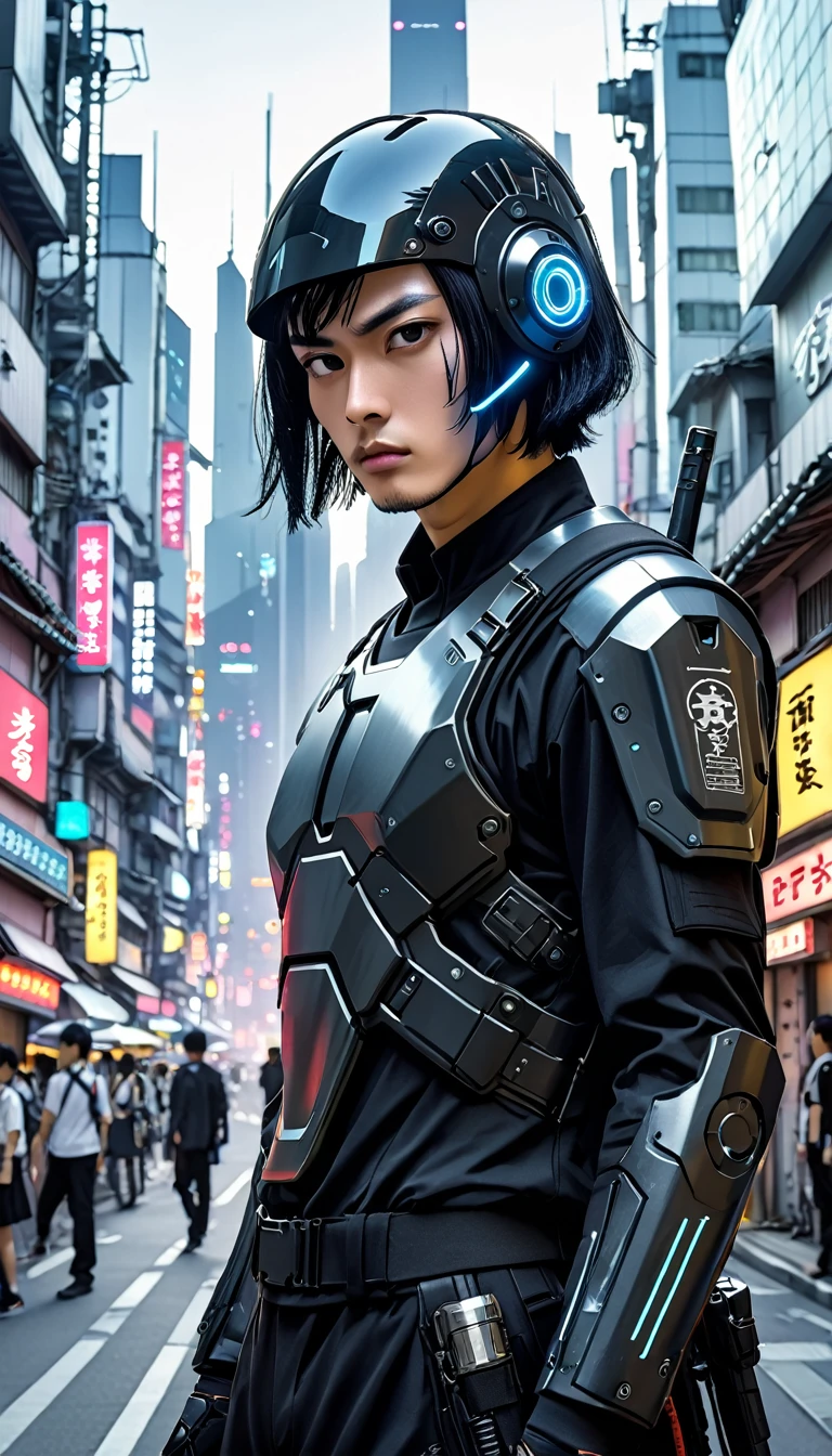 Cyber Suit、Combat Uniform、male、24-years-old、background、Japanese、Black Hair、Bobcut、Upper Body、Close-up of face、cyber punk、Half helmet、Ready the light sword、Future City。